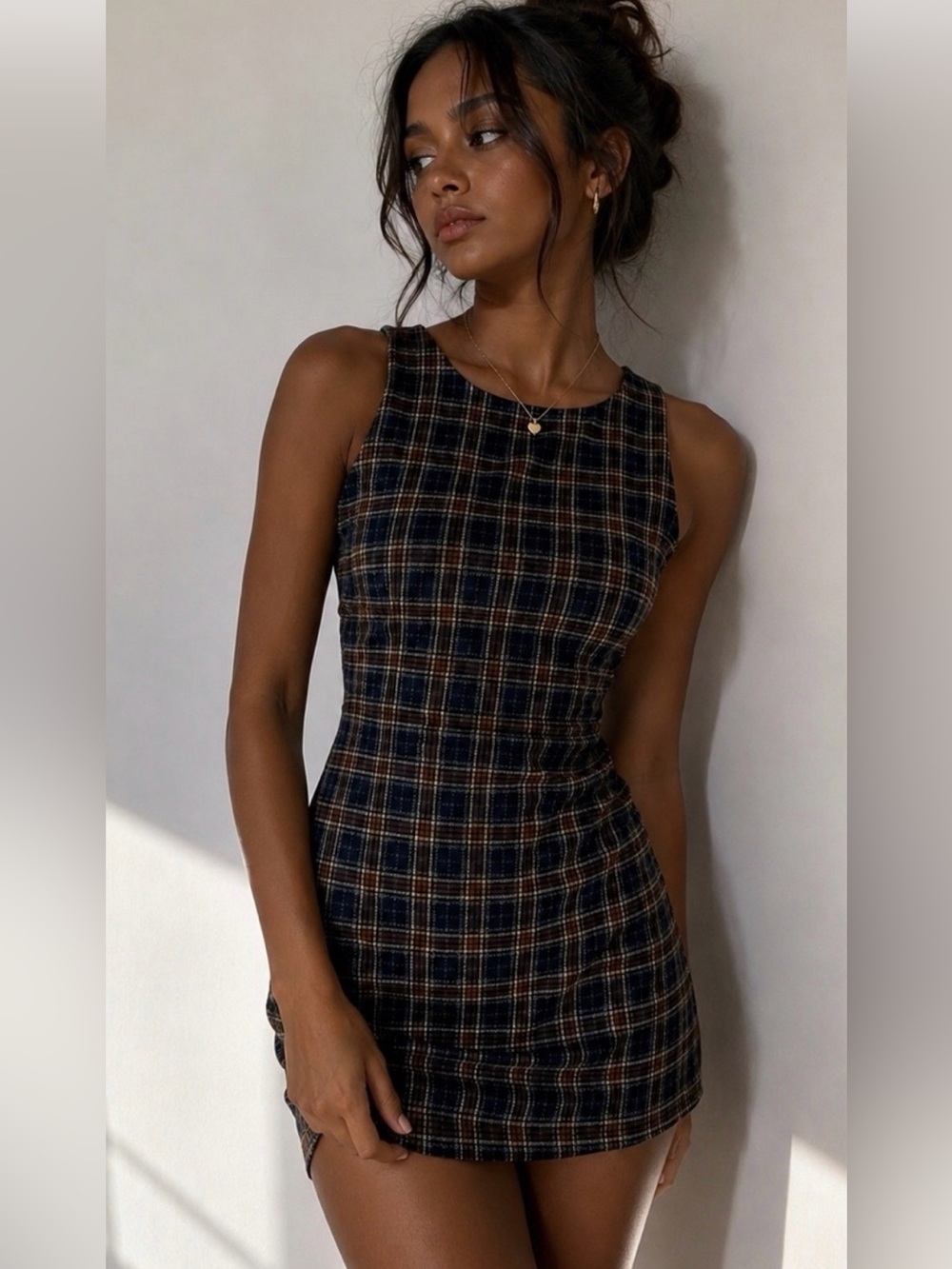 Brandy Melville Navy and Brown Plaid Mini Dress